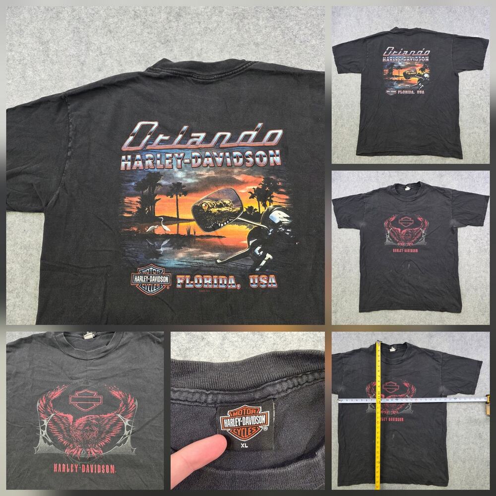 Vintage Y2K Harley Davidson Motorcycles T‎ Shirt Mens XL Black Eagle Orlando USA